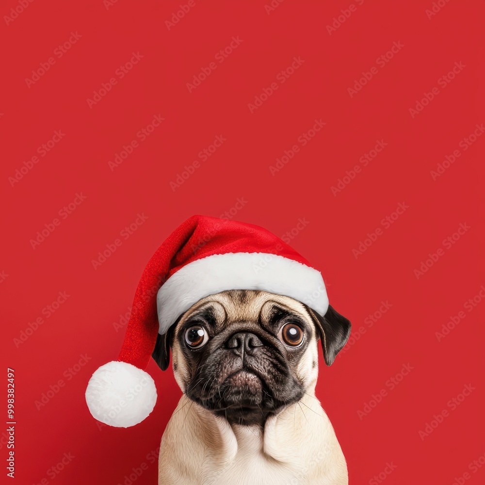 Adorable Pug Puppy Wearing a Santa Hat on a Vibrant Red Background Adorable Pug Puppy Wearing a Santa Hat on a Vibrant Red Background