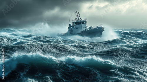 hydro powered ship navigating through rough seas, battling towering waves and strong winds. dramatic scene captures power of nature and resilience of maritime vessels photo