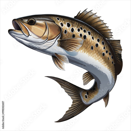 Detailed Fish Illustration with Golden Fins and Spotted Scales