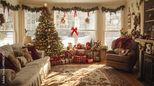 cozy living room adorned with festive decorations, featuring beautifully lit Christmas tree, wrapped gifts, and warm atmosphere. snow outside adds to holiday charm