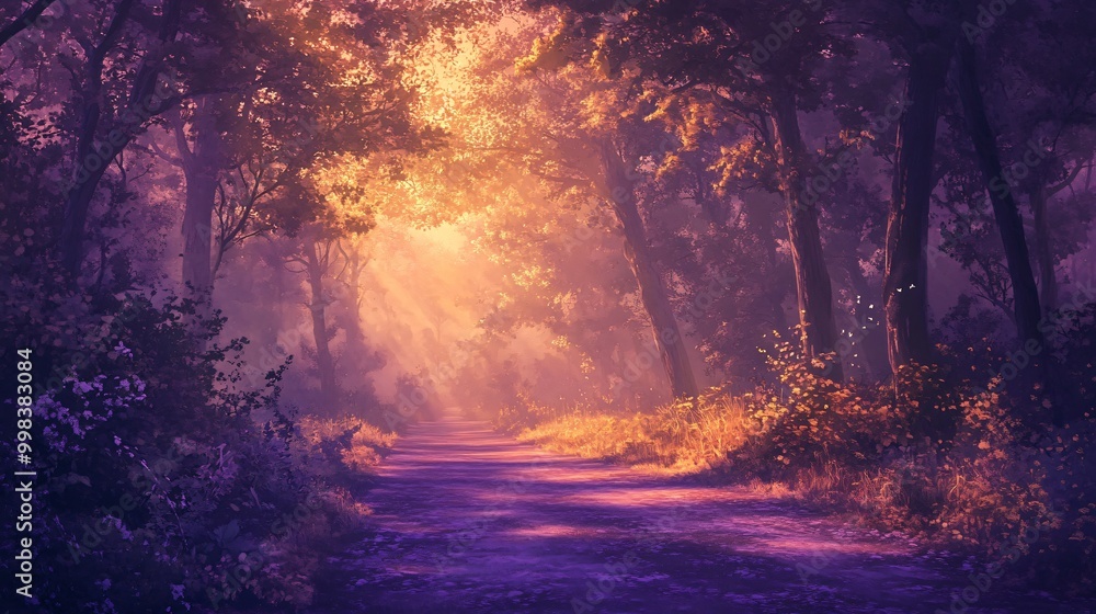 Fototapeta premium Magical forest path bathed in warm golden light with a purple haze and a mystical feel.