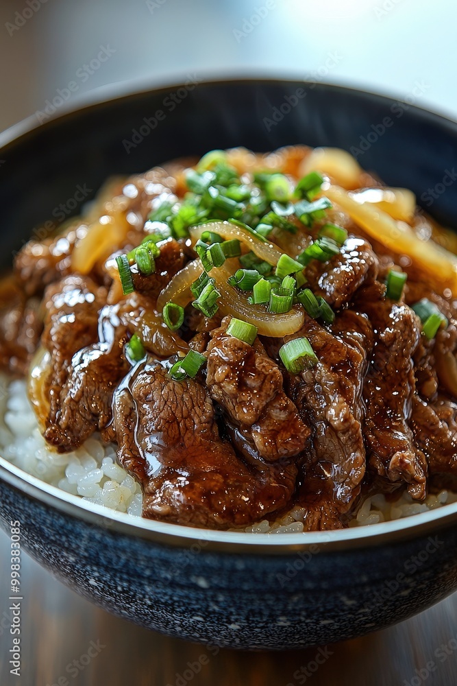 Gyudon - A rice bowl dish topped with simmered beef and onions in a sweet soy sauce-based sauce. Gyudon - A rice bowl dish topped with simmered beef and onions in a sweet soy sauce-based sauce.