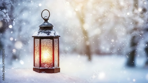 A glowing vintage lantern hanging in a snowy winter forest. AI generated image