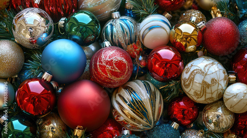 vibrant pile of Christmas ornaments in various shapes and colors, including red, green, blue, and gold, creates festive and joyful atmosphere perfect for holiday season