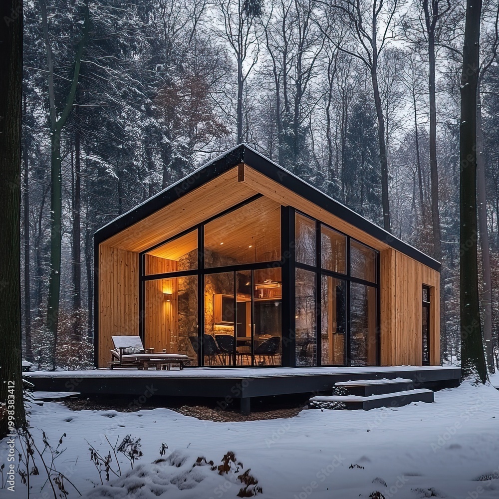 A cozy cabin in a snowy forest with warm interior lighting. AI generated image A cozy cabin in a snowy forest with warm interior lighting. AI generated image