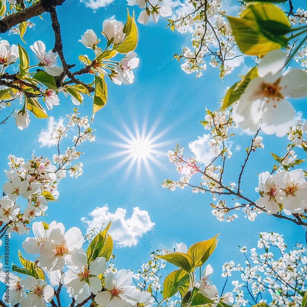 Sun shines through white cherry blossoms with green leaves on blue sky background, low angle view, spring season. Sun shines through white cherry blossoms with green leaves on blue sky background, low angle view, spring season.