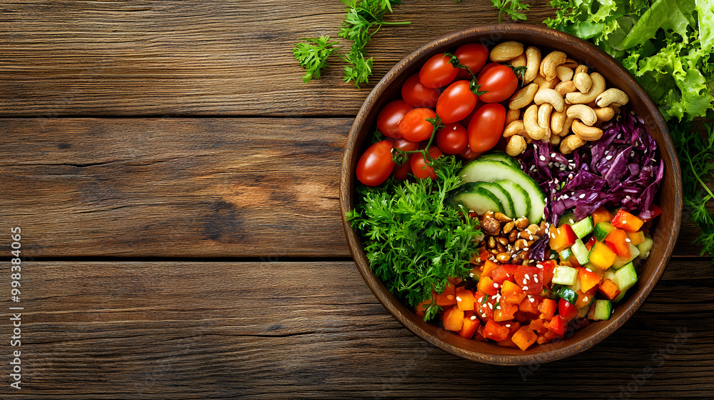 A colorful Buddha bowl filled with various vegetables, nuts, and seeds. A colorful Buddha bowl filled with various vegetables, nuts, and seeds.