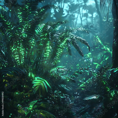 jungle, glowing plants, futuristic, tropical rainforest, fantasy, realistic photo