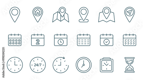 Time, calendar and location line icons set. Point, map, gps navigator, timing, timer, alarm. Isolated on a white background. Pixel perfect. Editable stroke. 64x64.