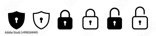 Set of security shield icons, security shields logotypes with check mark and padlock. Security shield symbols. Vector illustration.