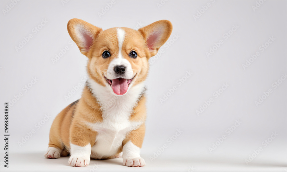A cheerful Pembroke Welsh Corgi puppy sitting on a clean, white background. A cheerful Pembroke Welsh Corgi puppy sitting on a clean, white background.