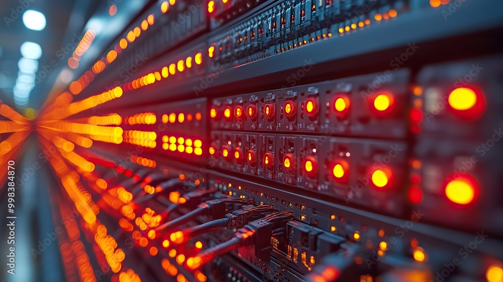 An image of a modern server room with LAN cables for secure information transmission over internet technology networks. An image of a modern server room with LAN cables for secure information transmission over internet technology networks.