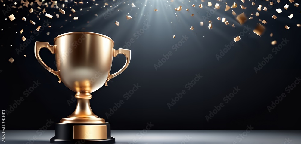 Trophy cup. Gold first place winners trophy with falling confetti and streamers. Champion trophy, shiny golden cup falling confetti for sport award. Winner prize, champions. Trophy cup. Gold first place winners trophy with falling confetti and streamers. Champion trophy, shiny golden cup falling confetti for sport award. Winner prize, champions.