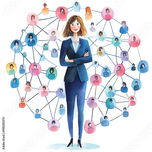Watercolor illustration of a woman in a suit standing in the middle of a network of people.