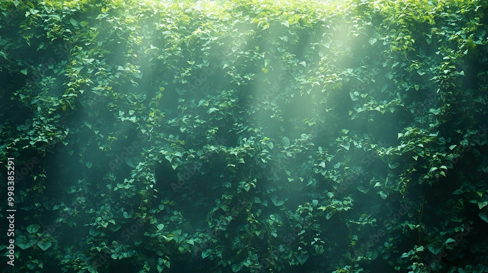 Lush Green Foliage Wall with Sunlight Rays Lush Green Foliage Wall with Sunlight Rays