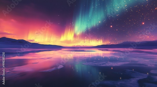 Northern Lights and Reflections on Ice: Create an image of the Northern Lights reflecting off a sheet of ice, creating a shimmering, colorful landscape