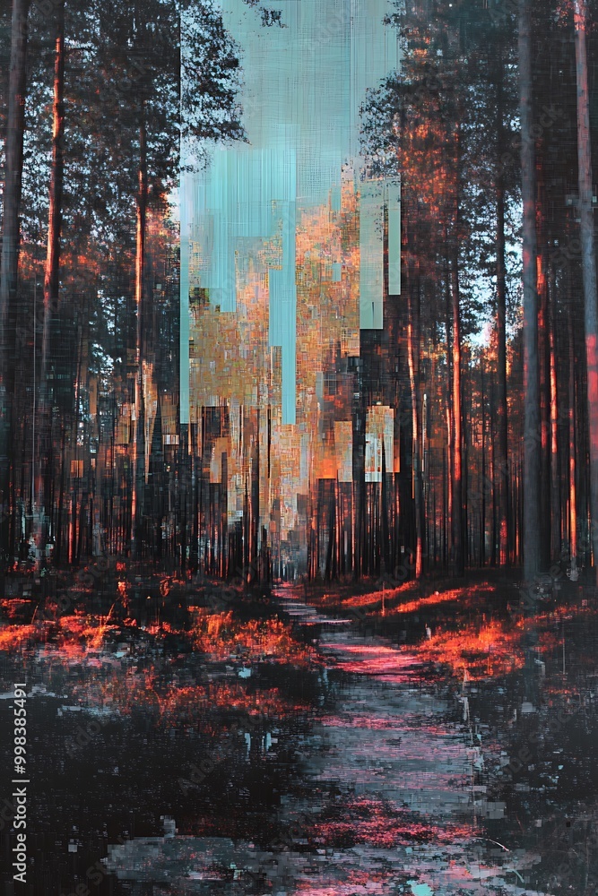 Abstract Forest Path with Glitch Art Effect. Abstract Forest Path with Glitch Art Effect.