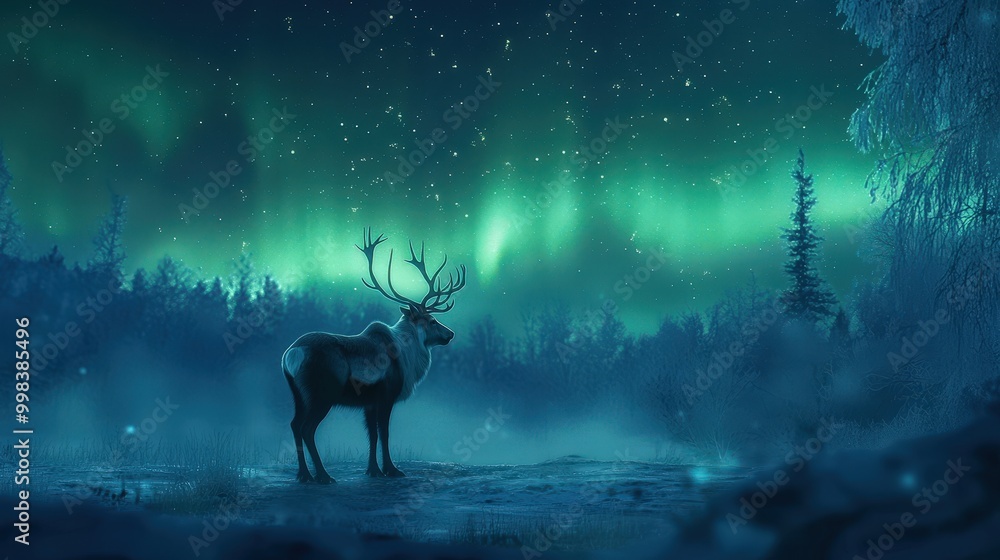 Fototapeta premium Northern Lights and Wildlife: Design a scene featuring Arctic wildlife, such as reindeer or wolves, under the mesmerizing glow of the Northern Lights.
