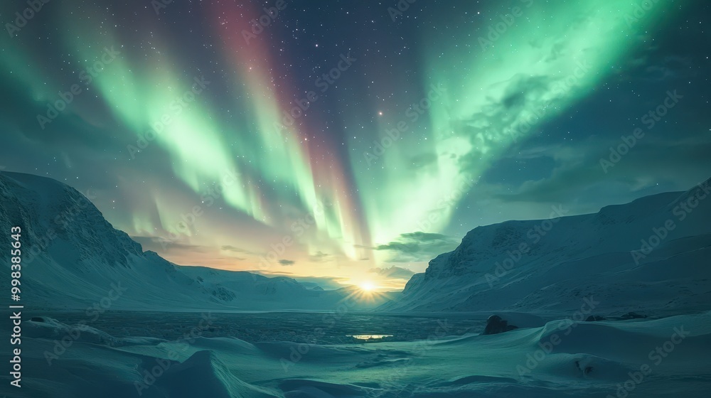 Naklejka premium Northern Lights Over a Snowy Landscape: Illustrate the Northern Lights illuminating a vast snowy landscape, with shades of green, pink, and purple dancing in the night sky