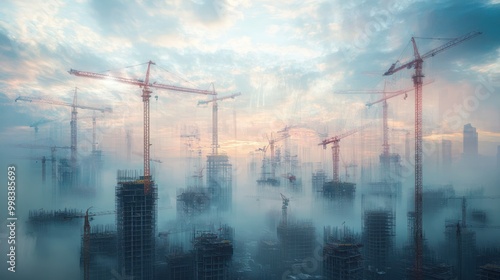 Construction Cranes and Skyscrapers in a Misty Urban Landscape