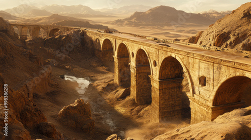 Ancient aqueducts transporting water across desert landscape showcase stunning architecture and engineering. warm tones and vast scenery evoke sense of history and wonder photo