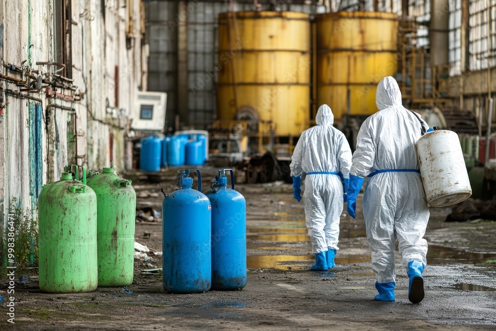 Specialists in Protective Gear Cleaning a Hazardous and Contaminated Industrial Site with Focus on Environmental Remediation Services with Copy Space Specialists in Protective Gear Cleaning a Hazardous and Contaminated Industrial Site with Focus on Environmental Remediation Services with Copy Space
