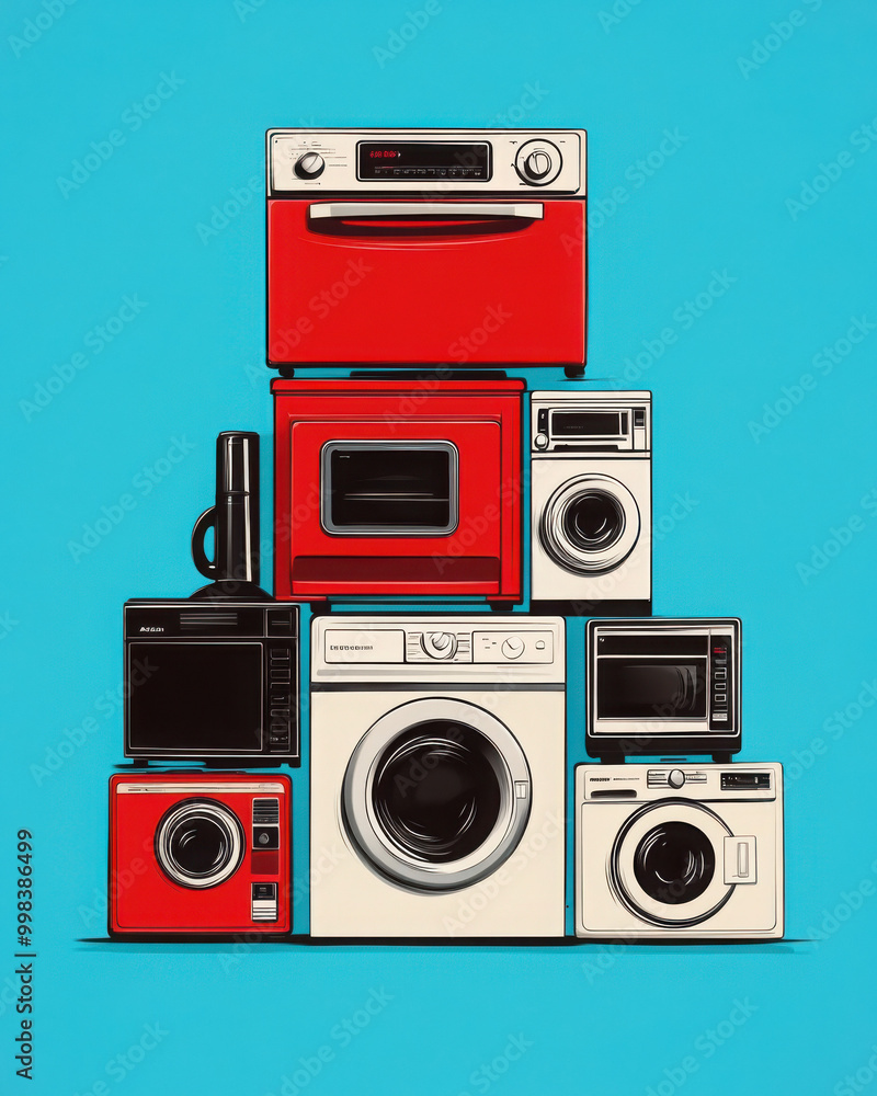 Stack of colorful kitchen appliances, isolated. Stack of colorful kitchen appliances, isolated.