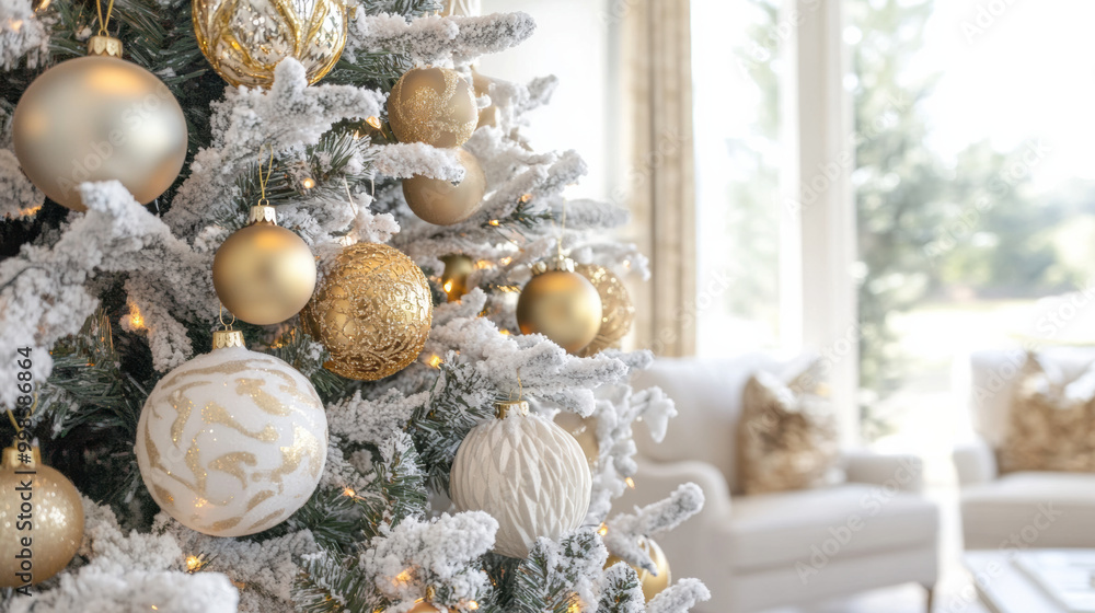 beautifully decorated Christmas tree adorned with golden and white baubles, creating festive and warm atmosphere in cozy living room. glistening ornaments reflect light, enhancing holiday spirit beautifully decorated Christmas tree adorned with golden and white baubles, creating festive and warm atmosphere in cozy living room. glistening ornaments reflect light, enhancing holiday spirit