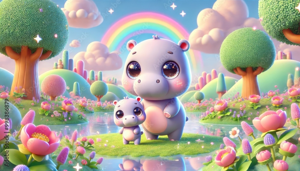 Fototapeta premium Cute cartoon hippos joyful in a colorful landscape with flowers and a rainbow.