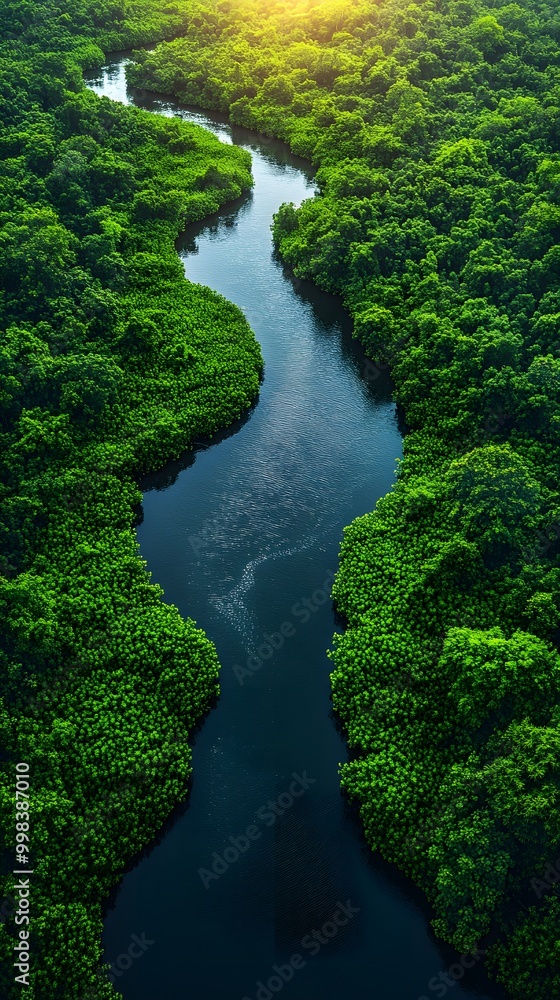 Aerial photography of a summer landscape with a quiet river surrounded by lush green trees, with clear sky reflecting on the water surface. Suitable for advertising for a eco-tourism campaign. Aerial photography of a summer landscape with a quiet river surrounded by lush green trees, with clear sky reflecting on the water surface. Suitable for advertising for a eco-tourism campaign.