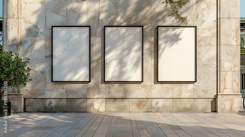 Promo placards mockups om modern city street. Triptych artwork template placed on stone building facade advertising image. Paintings mock ups at urban district product photorealistic