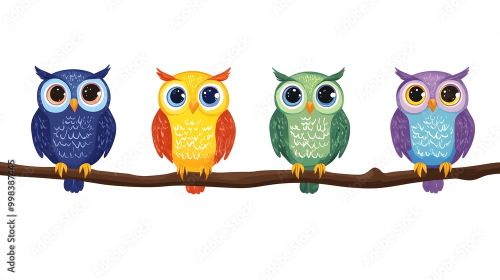 A colorful illustration of owls sitting on a single branch, each owl a different color and with its eyes closed A colorful illustration of owls sitting on a single branch, each owl a different color and with its eyes closed