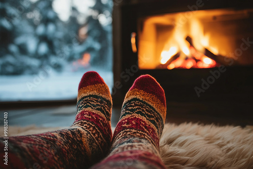 Feet in woollen socks by the Christmas fireplace generative AI photo