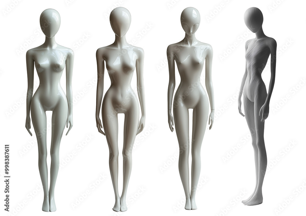 Mannequins in various poses on transparent background, showcasing different styles and designs. Ideal for fashion displays or artistic presentations