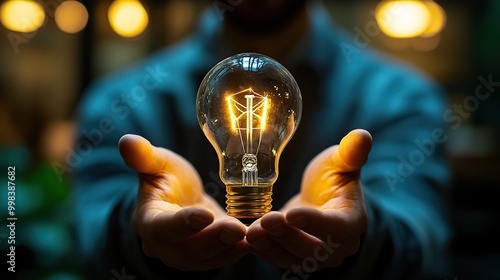 Hands holding a light bulb to symbolize innovation, new ideas, and inspiration in technology, science, and communication.