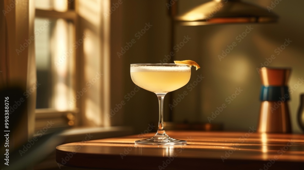 Elegant Cocktail Drink Served on Wooden Table with Window Reflection Elegant Cocktail Drink Served on Wooden Table with Window Reflection