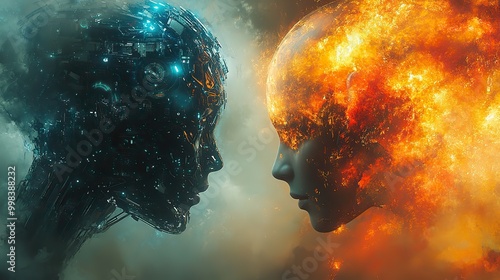 Humans and machines are depicted merging, symbolizing the integration of biological and technological advancements.