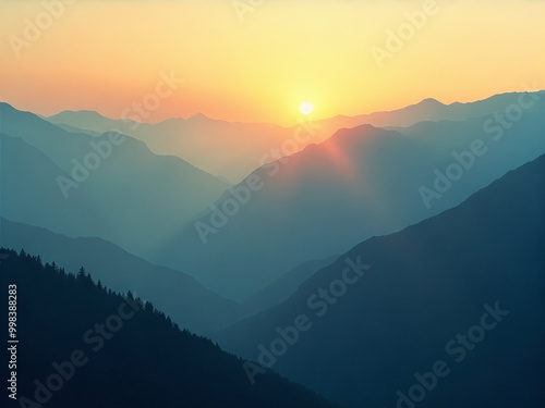 The sun is setting over the mountains, casting a warm glow over the landscape photo