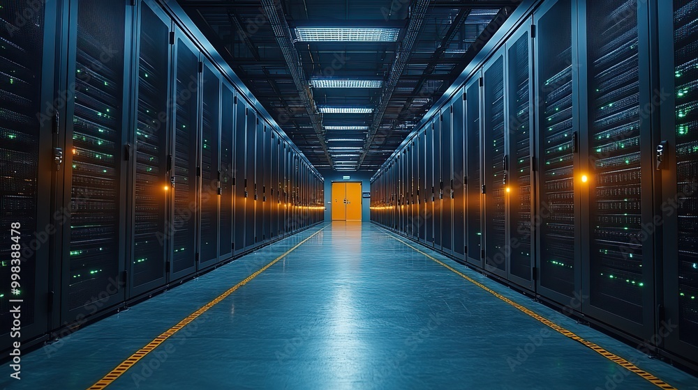 In a data center, a male IT technician uses a laptop to run maintenance, ensuring optimal performance of server racks. In a data center, a male IT technician uses a laptop to run maintenance, ensuring optimal performance of server racks.