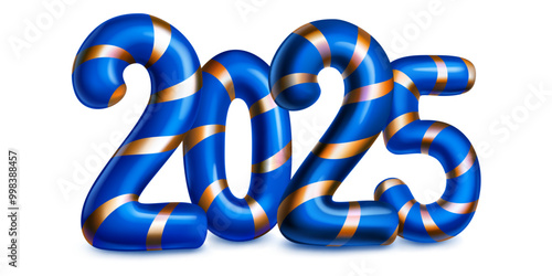 Large blue stylized number 2025 with a festive Christmas design reminiscent of a candy cane, with soft shadow, on a white background.