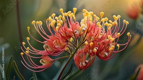 A striking grevillea flower blooms with vibrant red and yellow colors, showcasing intricate details during a sunny afternoon in a garden
