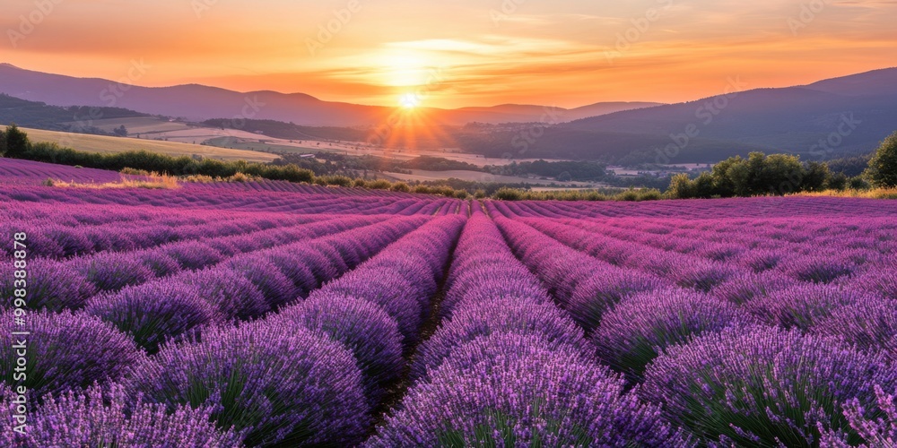 Lavender Field in Full Bloom with Rolling Hills in the Background During Golden Hour Lavender Field in Full Bloom with Rolling Hills in the Background During Golden Hour