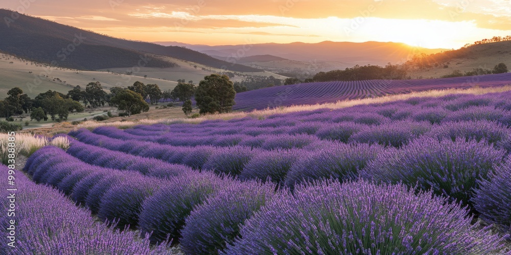 Lavender Field in Full Bloom with Rolling Hills in the Background During Golden Hour Lavender Field in Full Bloom with Rolling Hills in the Background During Golden Hour