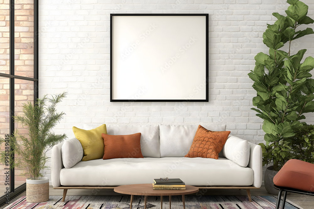 A blank framed artwork or poster, blank for design mockups, hanging on the wall of a living room, with a stylish interior, White bricks wall background, Empty picture frame mockup, Design template A blank framed artwork or poster, blank for design mockups, hanging on the wall of a living room, with a stylish interior, White bricks wall background, Empty picture frame mockup, Design template