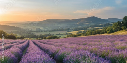 Lavender Field in Full Bloom with Rolling Hills in the Background During Golden Hour