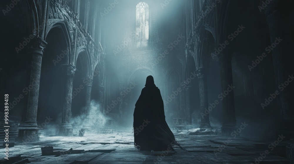 A hooded figure walks through a dilapidated and foggy cathedral A hooded figure walks through a dilapidated and foggy cathedral