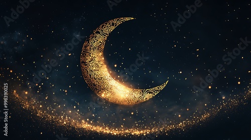 A crescent moon with golden patterns, glittering stars in the background, dark sky, Ramadan concept art