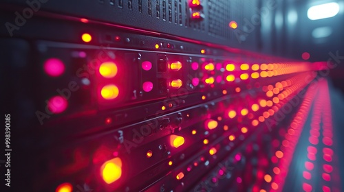 The glowing panel in a server room highlights the critical role of data processing and storage in technology.