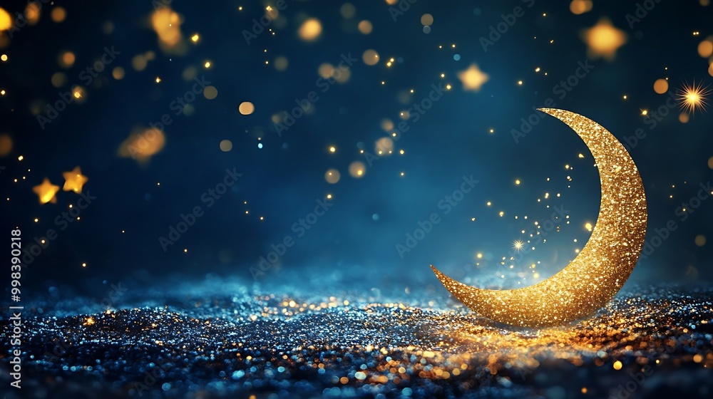 Fototapeta premium A crescent moon with golden patterns, glittering stars in the background, dark sky, Ramadan concept art