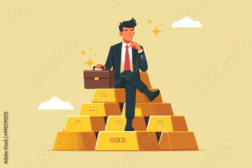 professional person with briefcase sitting relaxed on pile of gold